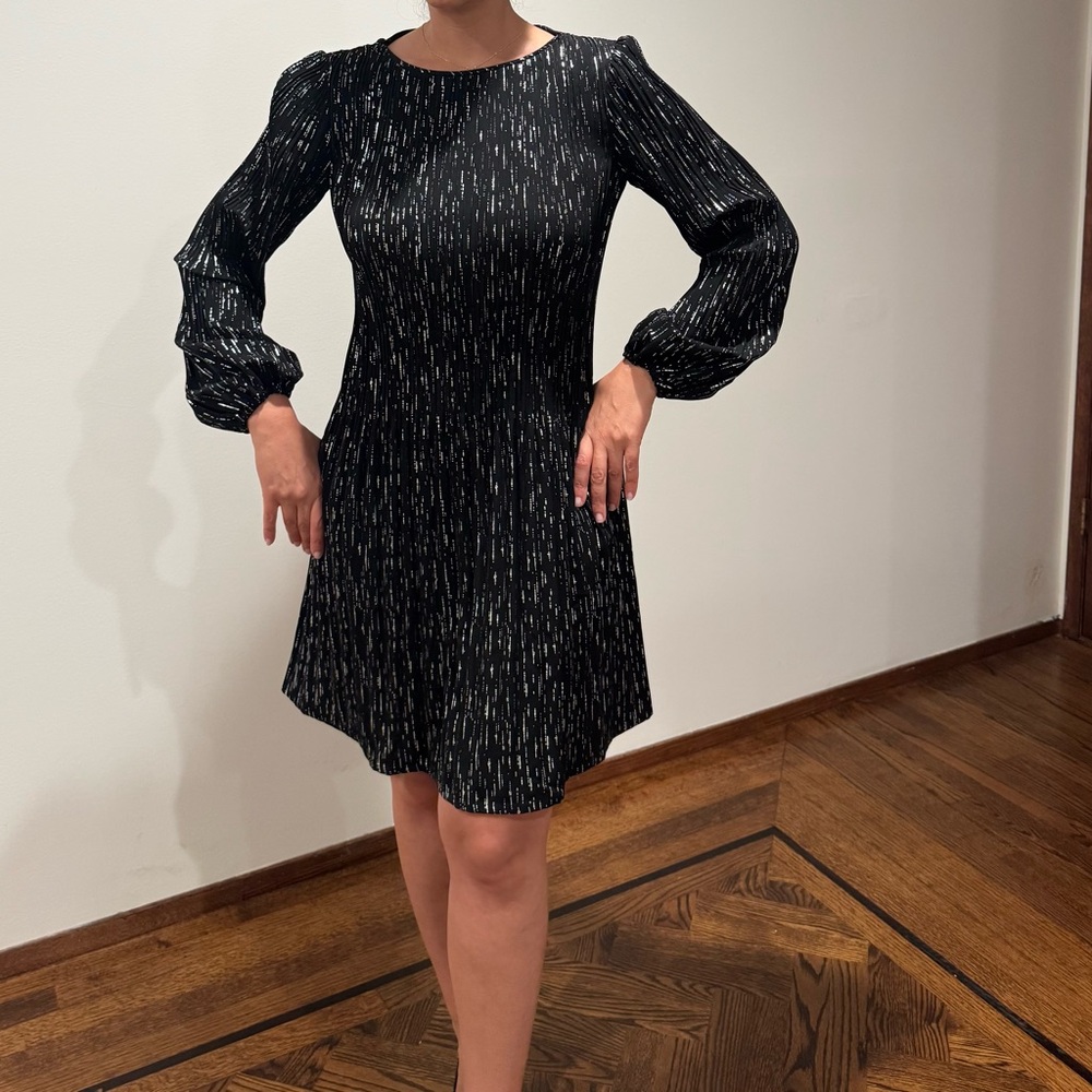 Maje Black and Silver A-line Dress with Bishop Sleeves